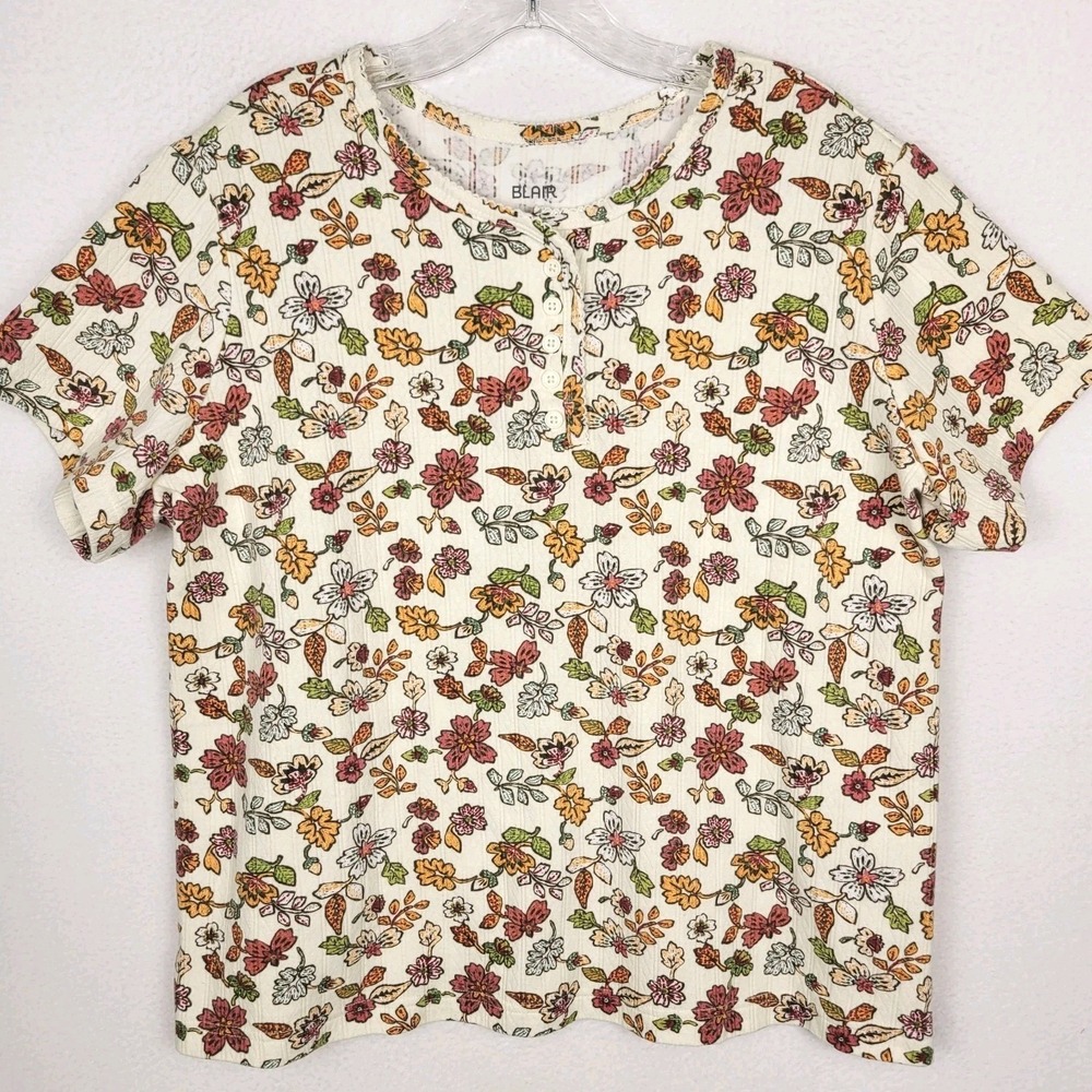 Blair Floral Pointelle Henley Top Womens Plus 2X Earth Tones‎ Cottagecore Boho